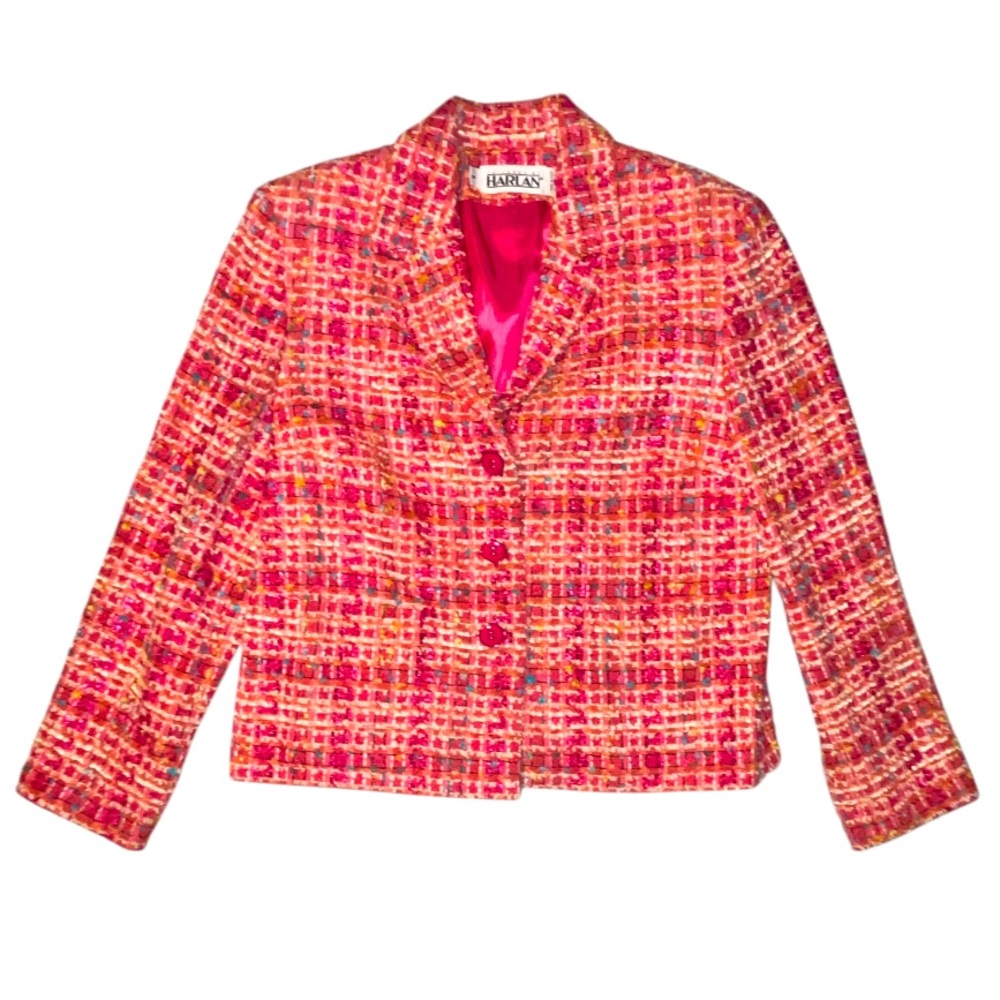 Vintage Harlan Tweed Pink Orange Plaid Blazer Suit Jacket Pink Buttons Size 8